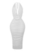 Blaise Halter Cowl Neck Mesh Ruched Maxi Dress